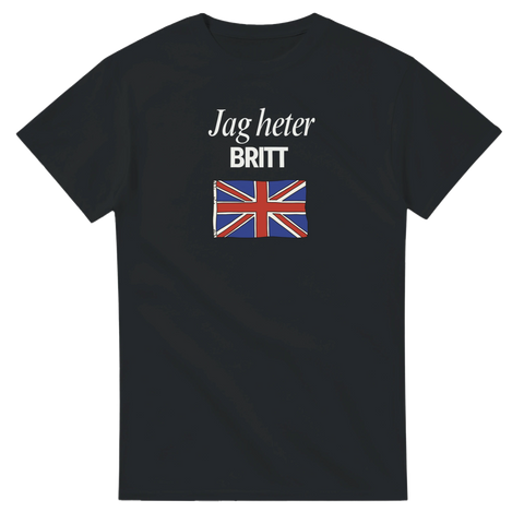 Svart t-shirt med texten Jag heter Britt och brittisk flagga