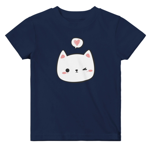 Grafiskt motiv av en vit katt med hjärta på marinblå t-shirt