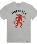 Röd eldsprutande demon med flammande hår och texten "FIREBALLS" på grå t-shirt.