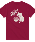 Söt katt t-shirt med nudelmotiv och texten Slurp i retrostil