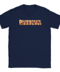 Abstrakt och rolig illustration av ordet pannkaka i gyllene toner på marinblå t-shirt