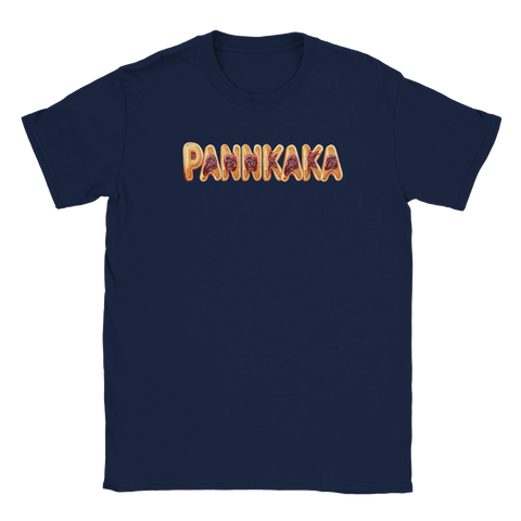 Abstrakt och rolig illustration av ordet pannkaka i gyllene toner på marinblå t-shirt