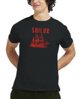 maritim t-shirt Red Sailor svart tröja med grafiskt skepp
