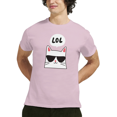 Tecknad vit katt med solglasögon och "LOL" i pratbubbla på ljusrosa t-shirt.