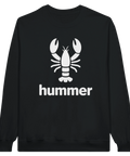 Vitt hummer-motiv med texten "hummer" på en svart sweatshirt.