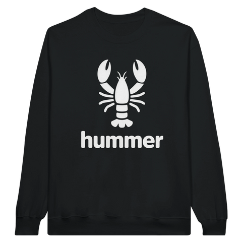 Vitt hummer-motiv med texten "hummer" på en svart sweatshirt.