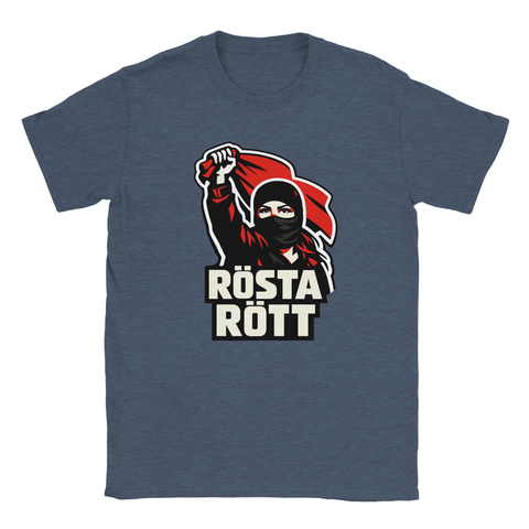 Blåmelerad t-shirt med kaxig illustration inspirerad av klassisk affischestetik