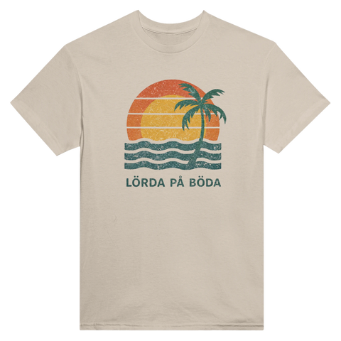 Klassiskt campingmotiv i retrostil tryckt på beige t-shirt