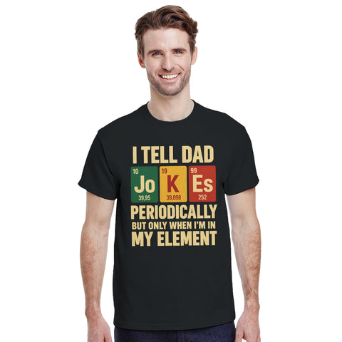 T-shirt med färgade bokstavsrutor och en engelsk ordvits om dad jokes och kemi