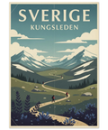 Närbild på en naturposter i retrostil föreställande svenska fjällen med dämpade gröna och blå färgtoner.