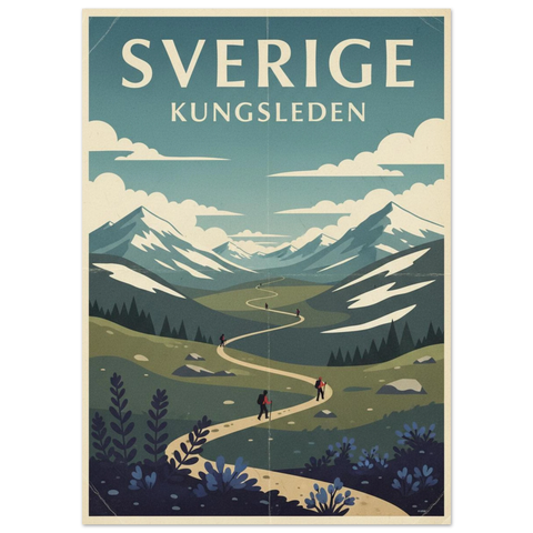 Närbild på en naturposter i retrostil föreställande svenska fjällen med dämpade gröna och blå färgtoner.