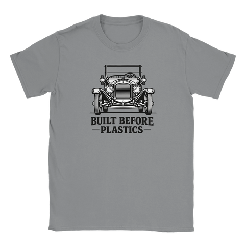 Klassisk fordonsgrafik i retrostil på grå t-shirt