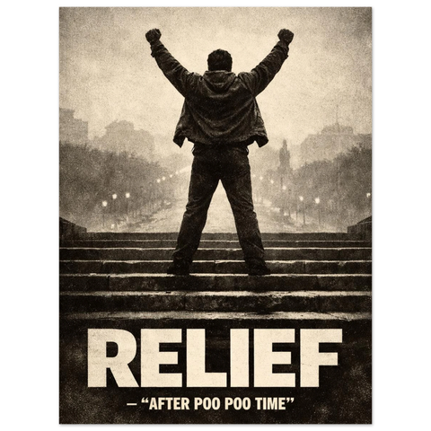 Närbild på en svartvit poster med motiv av en triumphant man och citatet After Poo Poo Time i botten.