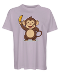 Lila oversized t-shirt med tecknad skrattande apa som håller en banan