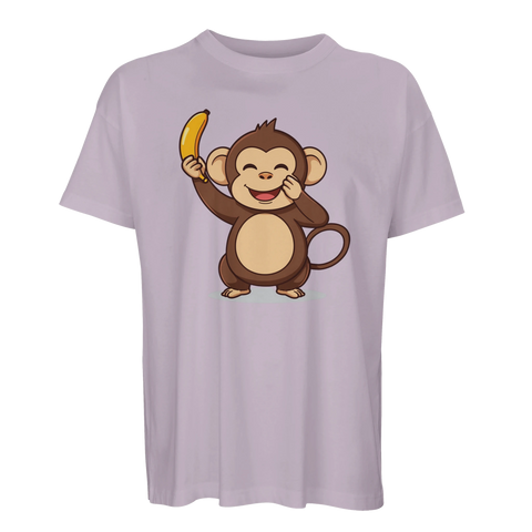 Lila oversized t-shirt med tecknad skrattande apa som håller en banan