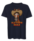 Tecknad häst med cowboyhatt och texten "OLD TOWN ROAD" på marinblå ekologisk oversized t-shirt.