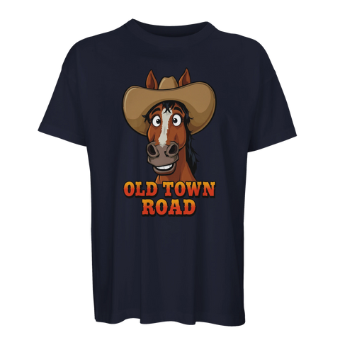 Tecknad häst med cowboyhatt och texten "OLD TOWN ROAD" på marinblå ekologisk oversized t-shirt.