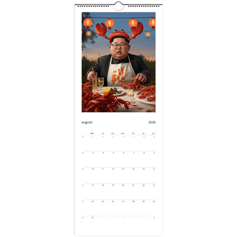Satirisk Kim Jong-un i kräftskiva-hatt äter kräftor, Väggkalender 2026.