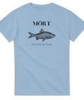 Grafiskt tryck av fisken mört på ljusblå t-shirt i retrostil