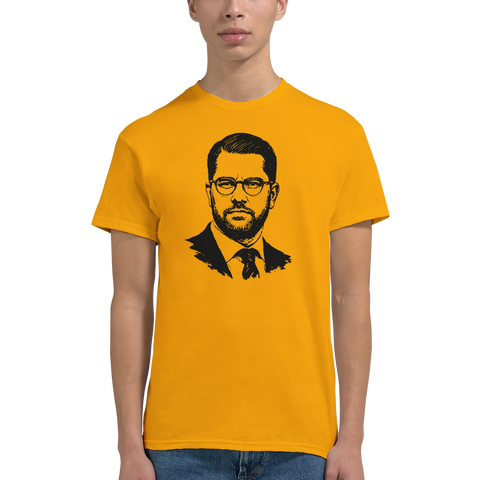 Gul t-shirt mockup med Jimmie Åkesson tryck på tröja