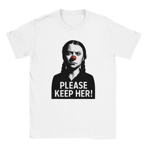 Vit t-shirt med respektlös och humoristisk tolkning av klimatdebatten
