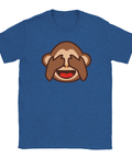 Apemoji som håller för ögonen, "Hehe, oj" text på blå t-shirt.