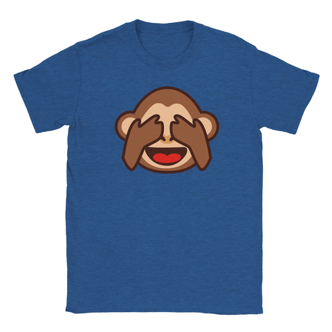 Apemoji som håller för ögonen, "Hehe, oj" text på blå t-shirt.