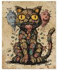 Närbild på en abstrakt kattposter i grunge-stil med spruckna detaljer och dova färger på en beige bakgrund.