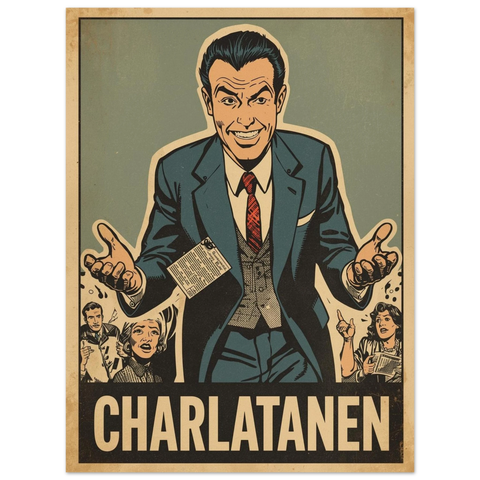 Illustration av en leende man i kostym med utsträckta händer i vintage propagandastil med texten Charlatanen nertill.