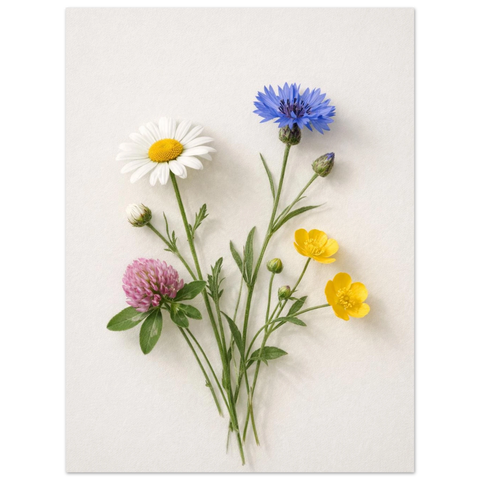 Närbild på illustration av klassiska svenska sommarblommor med klara färger och minimalistisk komposition.
