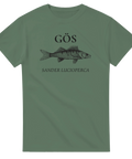 Militärgrön t-shirt med vintageinspirerad illustration av en gös