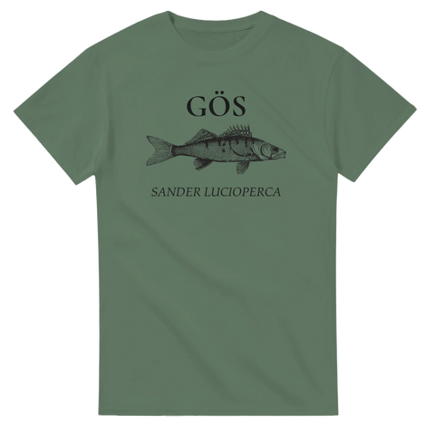 Militärgrön t-shirt med vintageinspirerad illustration av en gös