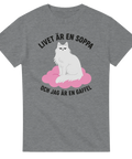 Gråmelerad t-shirt med en vit katt på ett rosa moln och texten Livet är en soppa