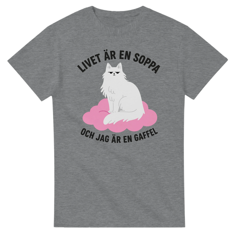 Gråmelerad t-shirt med en vit katt på ett rosa moln och texten Livet är en soppa