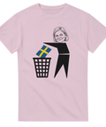 Kaxig politisk illustration med karikatyr-huvud på ljusrosa t-shirt