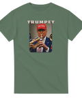 Politisk satir-design med Donald Trump som blåser trumpet på en grön t-shirt