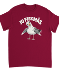 Vinröd t-shirt med en tecknad mås och texten IQ Fiskmås.