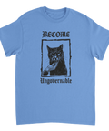 Rebelliskt kattmotiv med texten Become Ungovernable – ljusblå t-shirt