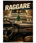 Nostalgisk illustration av en sliten bilinteriör med texten RAGGARE i fokus