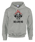 Hellbound motiv med dödskalle och eld i rå western-stil på ljusgrå hoodie