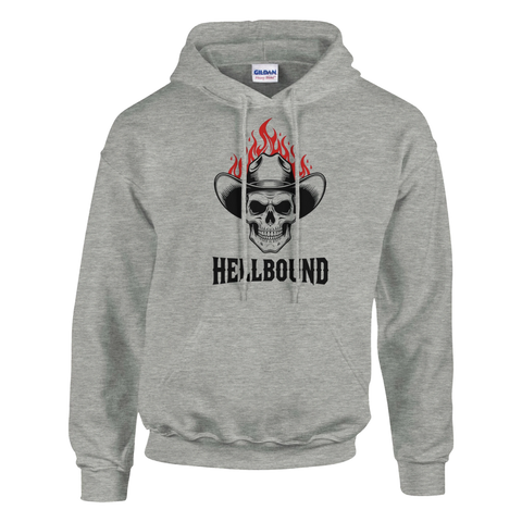 Hellbound motiv med dödskalle och eld i rå western-stil på ljusgrå hoodie