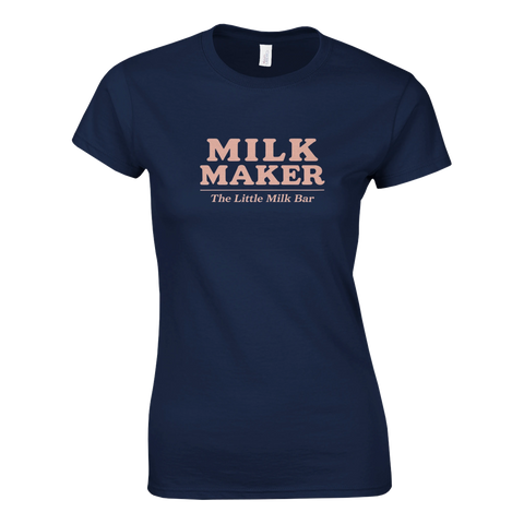 Stilren grafisk design Milk Maker i rosa nyans på marinblå t-shirt