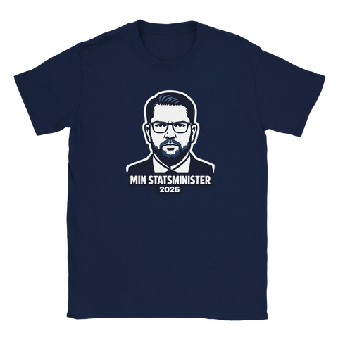Mörkblå t-shirt med illustrerat motiv av Jimmie Åkesson i affischstil