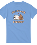 Humoristisk illustration av toarulle och bajskorv på blå t-shirt