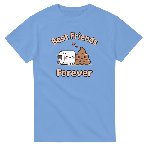 Humoristisk illustration av toarulle och bajskorv på blå t-shirt