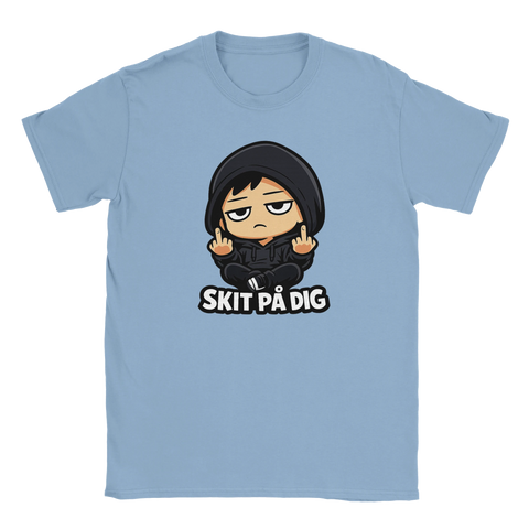 Skit på dig tecknad figur med långfingrar på ljusblå t-shirt, satirisk stil.