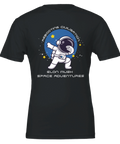 Dabbande astronaut i rymden, "Rebooting Civilisation Elon Musk Space Adventures" på svart t-shirt.