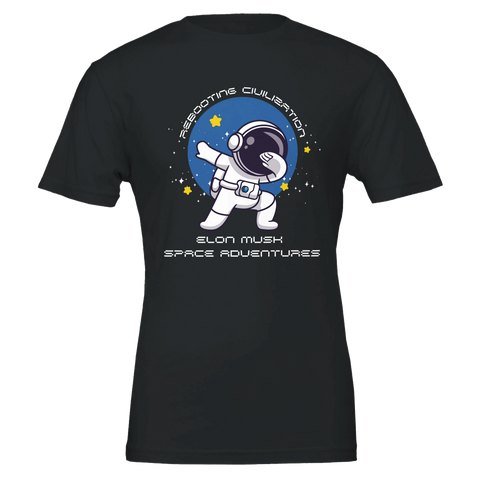 Dabbande astronaut i rymden, "Rebooting Civilisation Elon Musk Space Adventures" på svart t-shirt.