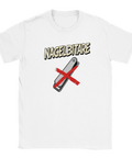 Tecknad nagelklippare med rött kryss och text "NAGELBITARE" på vit t-shirt, humoristisk design.