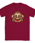 Apemoji med händerna för ögonen på en vinröd t-shirt.